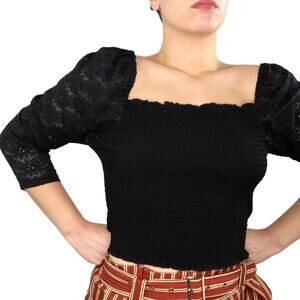 Eyeshadow Black Smocked Blouse with Lace Sleeves Sheer Sleeve Large
